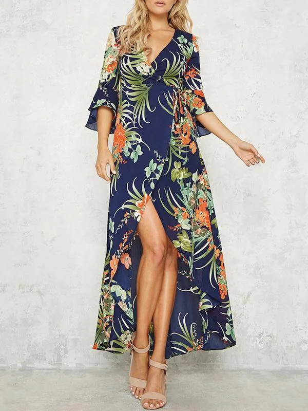 Floral Split-front Flared Sleeves V-neck Bohemia Maxi Dress Elegant Velvet Maxi Dress