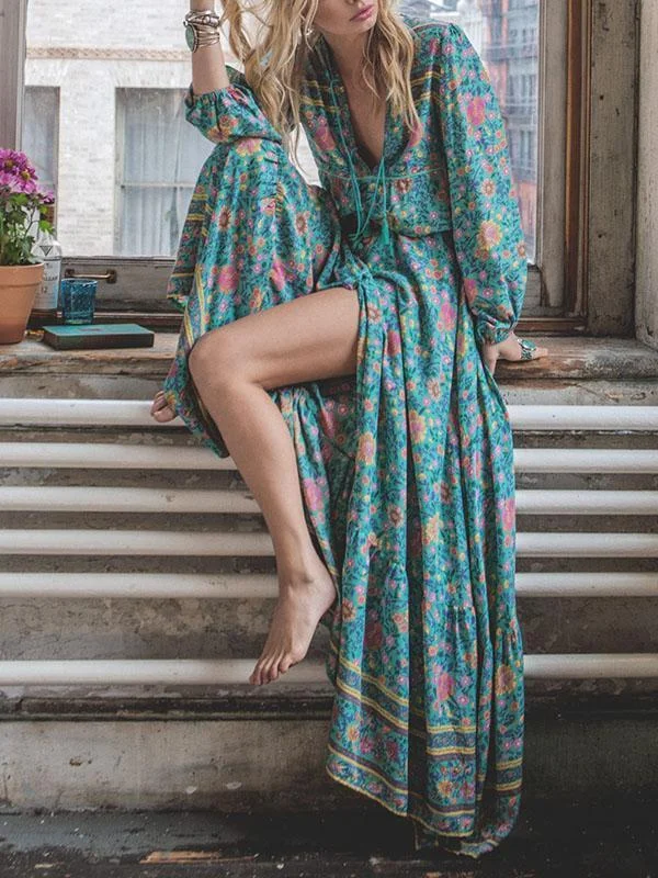 Floral Split-front Puff Sleeves Bohemia Maxi Dress Comfortable Plunging Neckline Maxi Dress