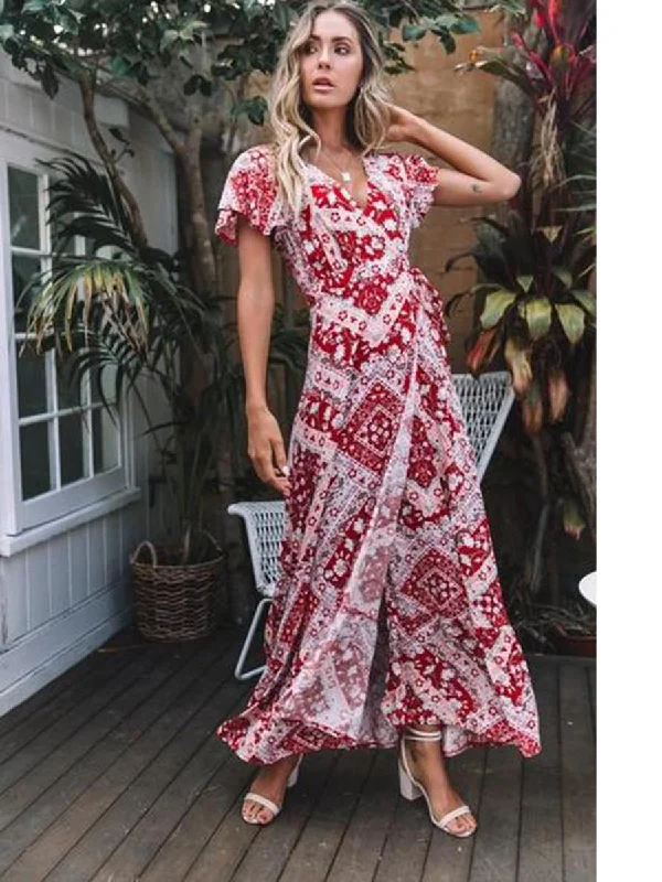 Floral V-neck Open Front Maxi Dress Elegant Maxi Dress with Ruffles