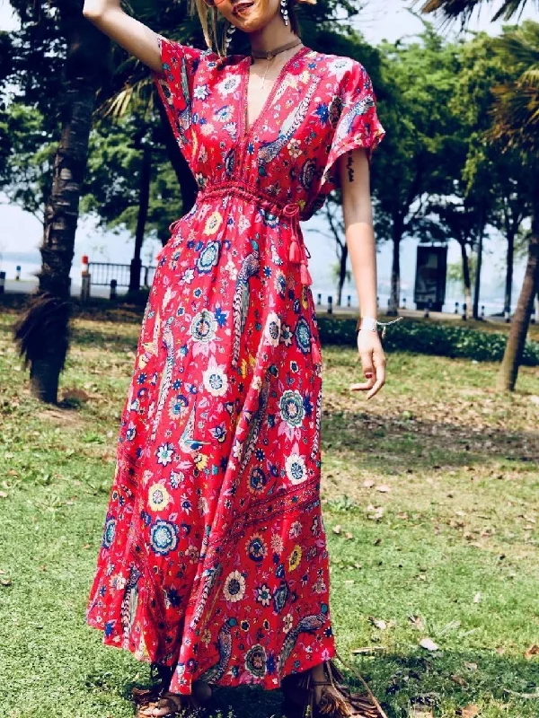 Floral V Neck Short Sleeve Bohemia Maxi Dress Cozy Longline Maxi Dress