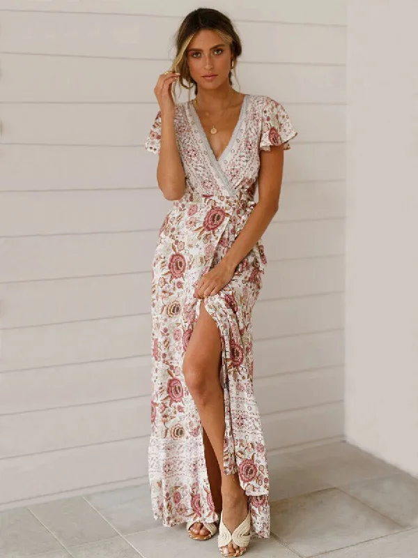 Floral V-neck Short Sleeve Maxi Dress Comfortable Cotton Maxi Dress