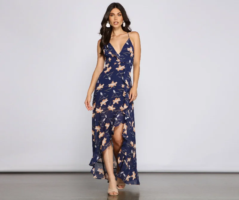 Free-spirited Floral Beauty Sleeveless Maxi Dress Trendy Off-Shoulder Ruffle Maxi Dress