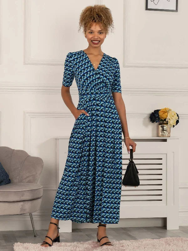 Georgia Geometric Jersey Maxi Dress, Blue Chic Off-Shoulder Maxi Dress