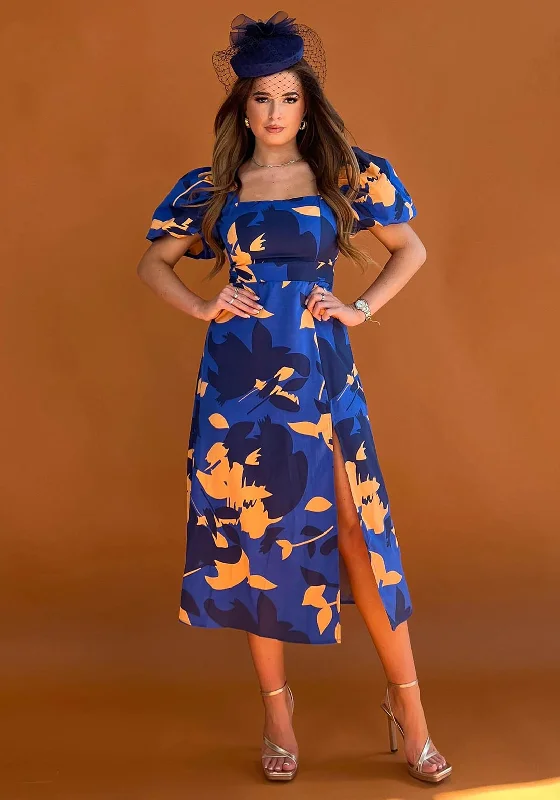 Girl In Mind Chanice Square Neck Floral Midi Dress, Cobalt Blue & Orange Comfortable Lace-Up Midi Dress