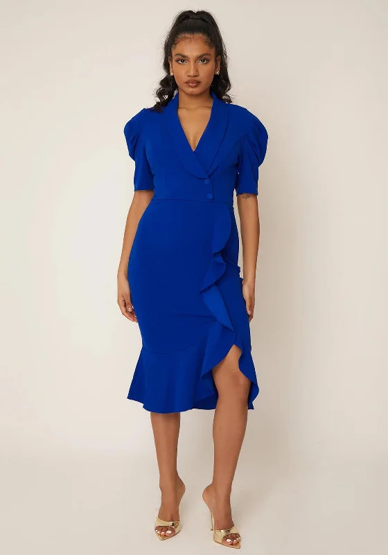 Girl In Mind Gina Ruffle Midi Dress, Cobalt Fashionable Polka Dot Midi Dress