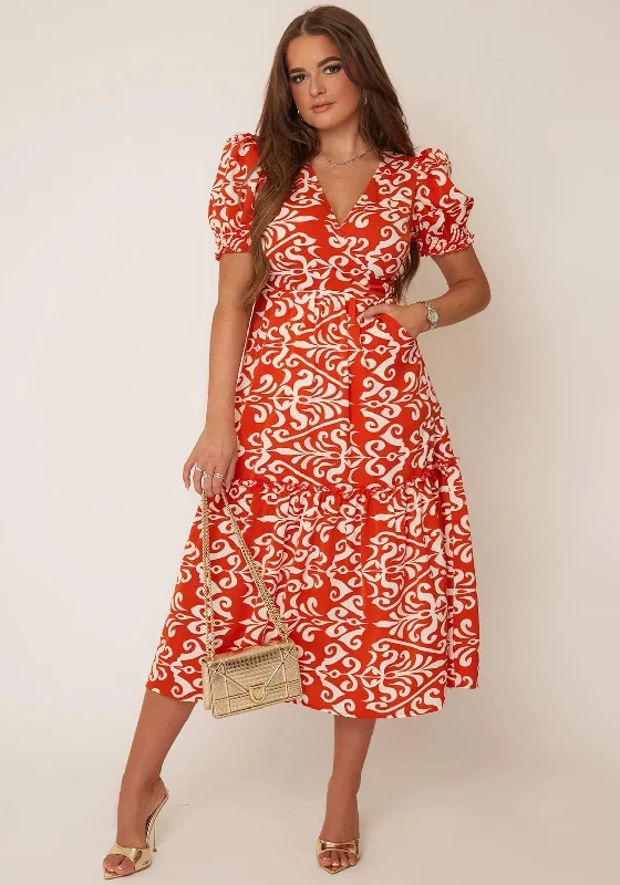 Girl In Mind Maya Print Tiered Midi Dress, Rust Elegant Sleeveless Midi Dress