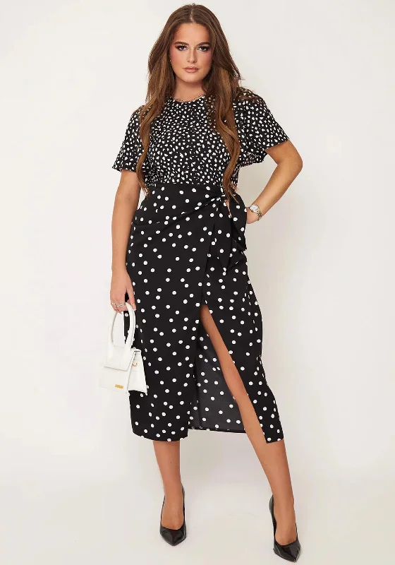 Girl In Mind Scarlet Mix Polka Dot Midi Dress, Black Chic Lace Detail Midi Dress