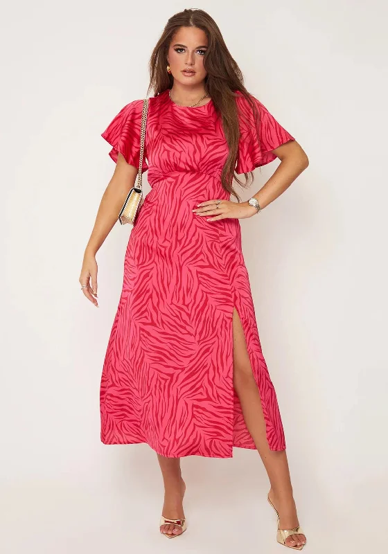 Girl In Mind Serena Zebra Print Midi Dress, Pink Stylish Striped Midi Dress