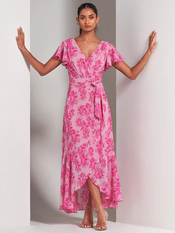 Haylie Frill Chiffon Maxi Dress, Pink Floral Classic V-Neck Maxi Dress