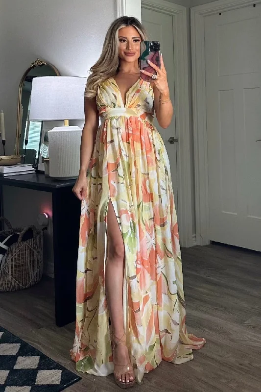 Head in the Clouds Maxi Dress: Yellow Multi Stylish Button-Up Maxi Dress