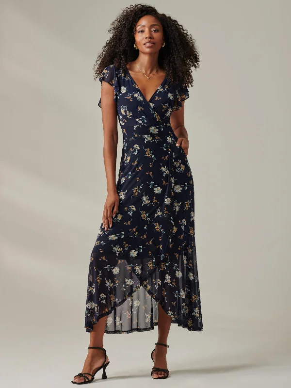 Heleyna Ruffle Hem Mesh Maxi Dress, Navy Floral Comfortable Pleated Maxi Dress