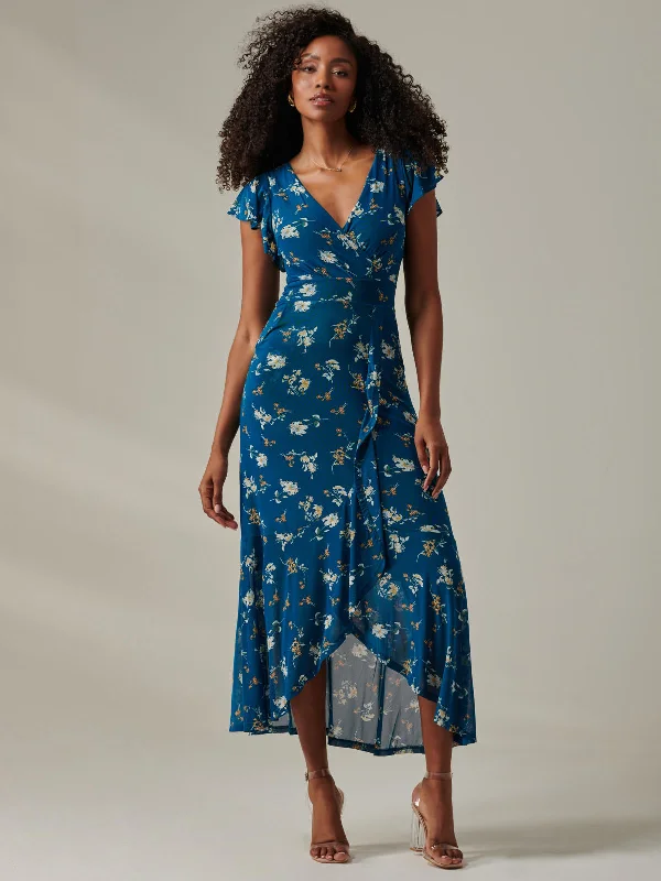 Heleyna Ruffle Hem Mesh Maxi Dress, Teal Floral Fashionable High-Waist Maxi Dress