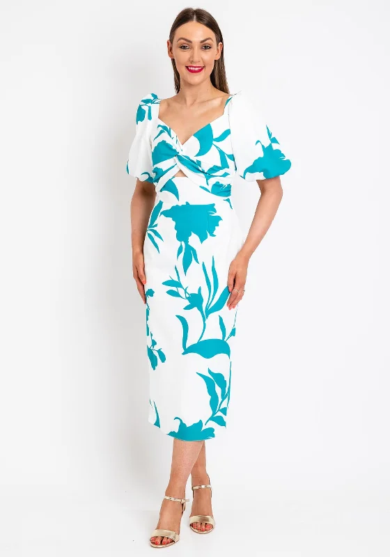 Herysa Esther Print Knot Midi Dress, White & Green Comfortable Geometric Print Midi Dress Herysa Esther Print Knot Midi Dress, White & Green Comfortable Geometric Print Midi Dress