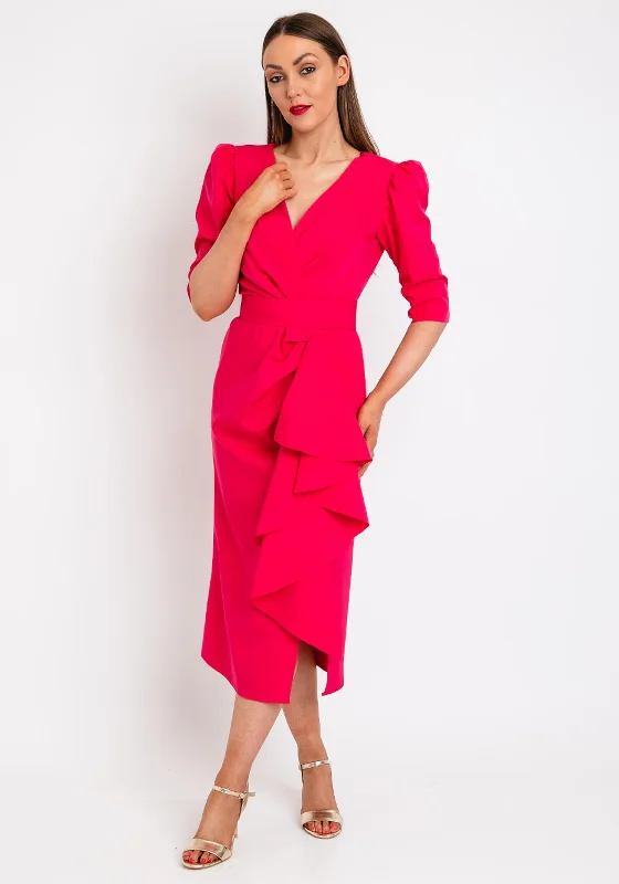 Herysa Clarisa Ruffle Drape Front Midi Dress, Fuchsia Stylish Silk Midi Dress