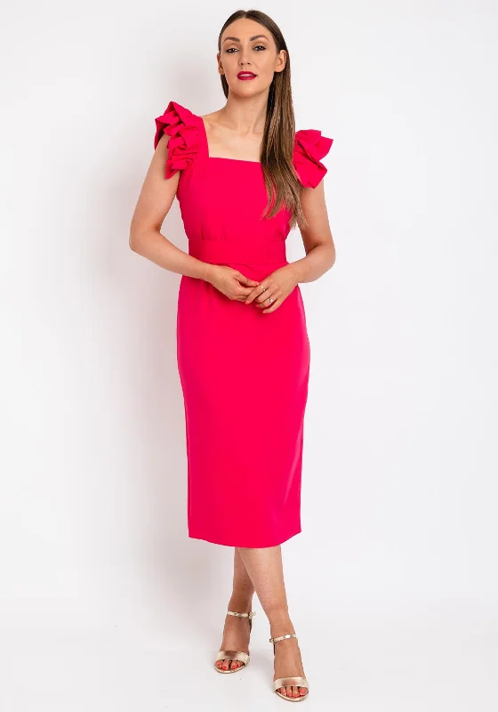 Herysa Iris Ruffle Sleeve Midi Dress, Fuchsia Fashionable High-Neck Midi Dress