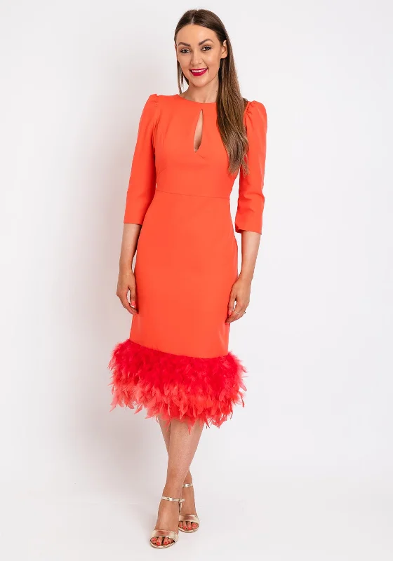Herysa Begona Feather Trim Hem Midi Dress, Coral Elegant Satin Button Midi Dress