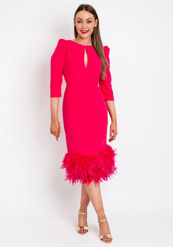 Herysa Begona Feather Trim Hem Midi Dress, Fuchsia Comfortable Casual Midi Dress