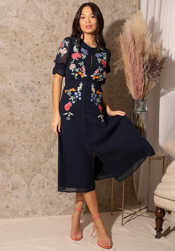 Hope & Ivy Anais Floral Midi Dress, Navy Trendy Smocked Detail Midi Dress