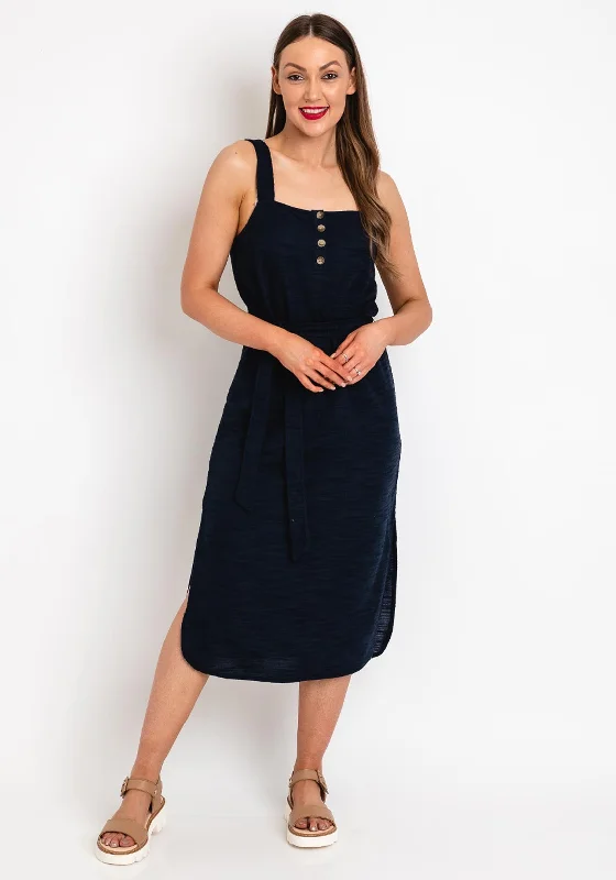 Ichi Woven Straight Midi Dress, Navy Trendy Square Neck Midi Dress