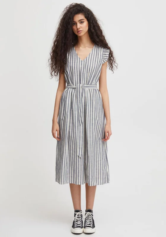 Ichi Striped Ruffle Shoulder Midi Dress, Natural Comfortable Short Sleeve Midi Dress Ichi Striped Ruffle Shoulder Midi Dress, Natural Comfortable Short Sleeve Midi Dress