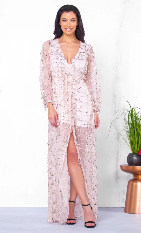 Crown Jewels White Gold Sequin Long Sleeve Cross Wrap V Neck Fringe Slit Maxi Dress Comfortable Ruffle Hem Maxi Dress