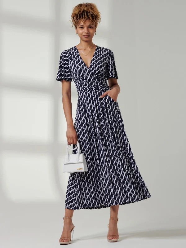 Jaylynn Flare Sleeve Jersey Maxi Dress, Navy Geo Comfortable Satin Maxi Dress