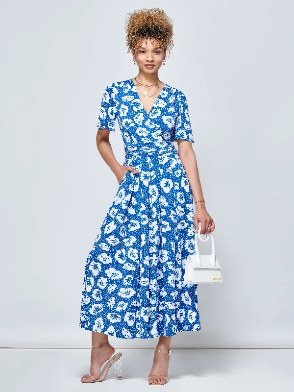 Jaylynn Flare Sleeve Jersey Maxi Dress, Royal Floral Comfortable Ruffle Maxi Dress