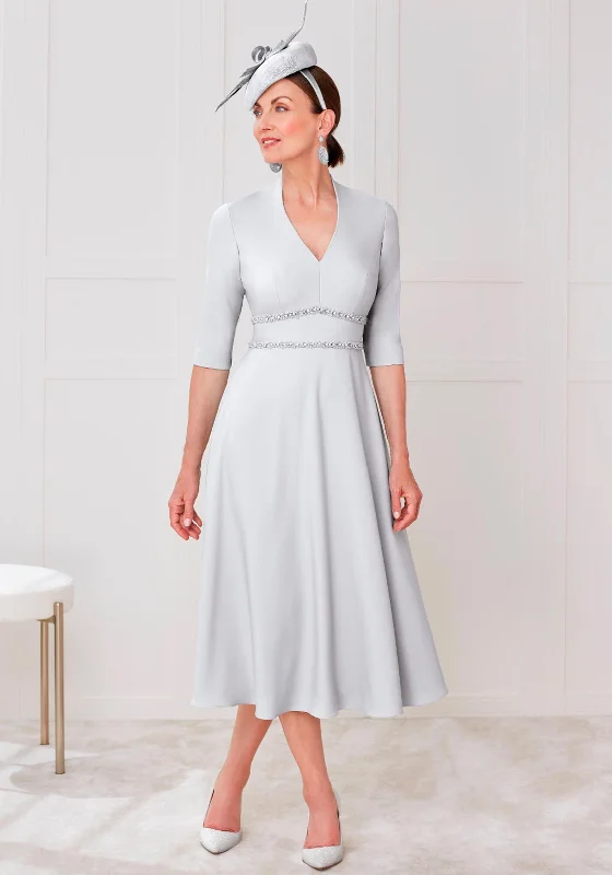 John Charles Beaded Waist Midi Dress, Silver Elegant V-Neck Midi Dress