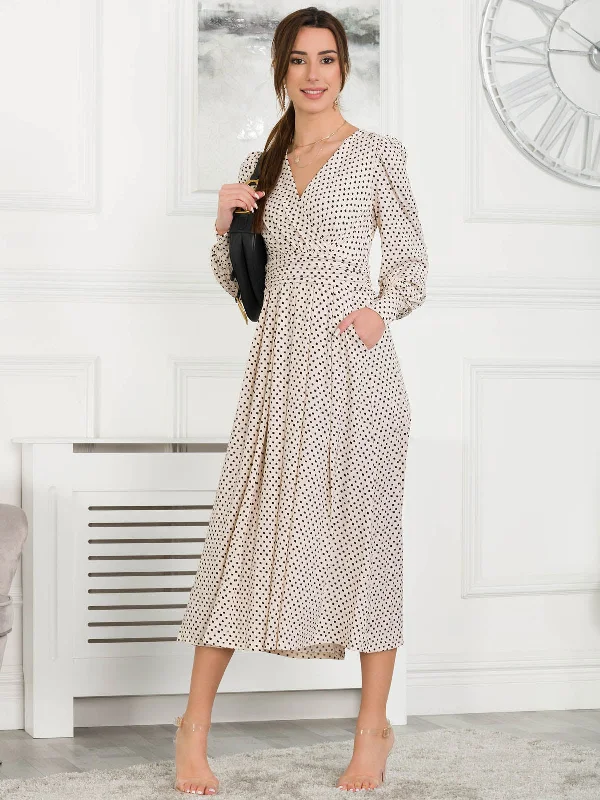 Jolie Moi Allyn Long Sleeved Maxi Dress, Cream Polka Dot Trendy Maxi Dress with Lace