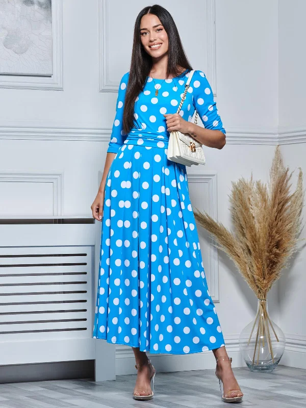 Jolie Moi Deasia Polka Dot Print Maxi Dress, Blue Polka Comfortable Maxi Dress with Sleeves