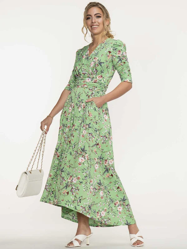 Jolie Moi Elenora Ruched Sleeve Maxi Dress, Green Floral Elegant Maxi Dress with Slit