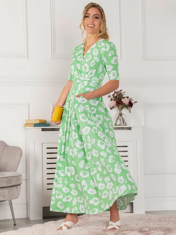 Jolie Moi Freya Floral Print Maxi Dress, Green Floral Elegant Maxi Dress with Ruffles