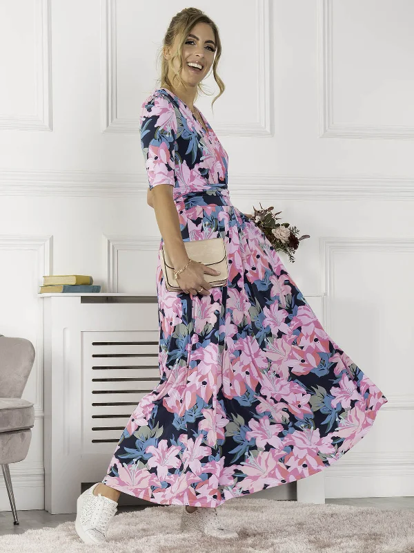 Jolie Moi Freya Floral Print Maxi Dress, Pink Floral Stylish Long Sleeve Maxi Dress