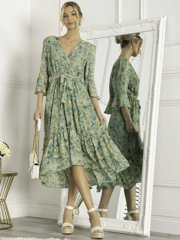 Jolie Moi Geelan Tiered Hem Maxi Dress, Green Floral Elegant Maxi Dress with Drapes