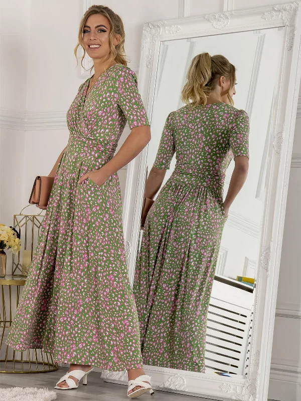 Jolie Moi Kendall Wrap Front Maxi Dress, Green Animal Elegant Maxi Dress with Belt