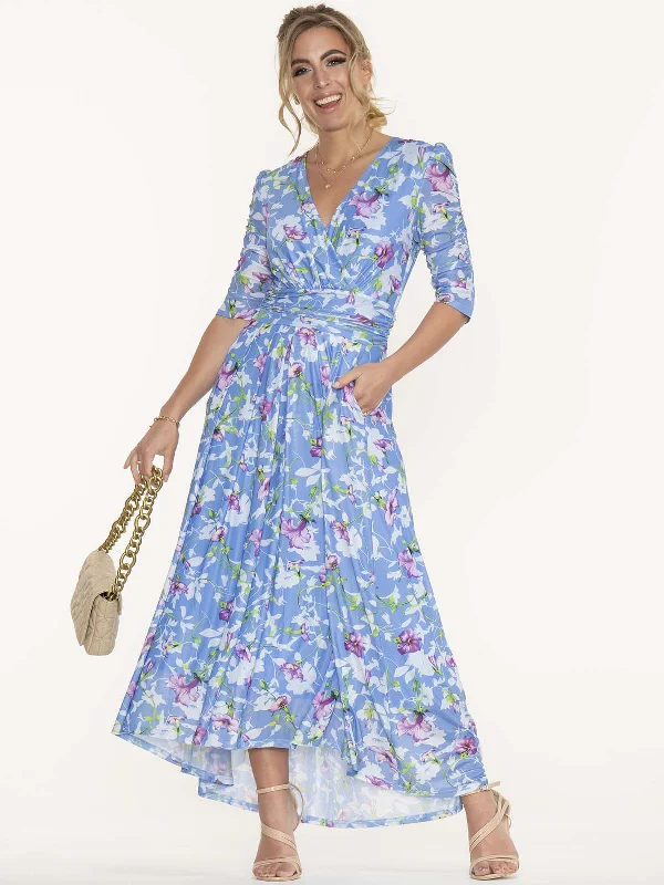 Jolie Moi Ressie Dip Hem Maxi Dress, Blue Floral Casual Maxi Dress with Pockets