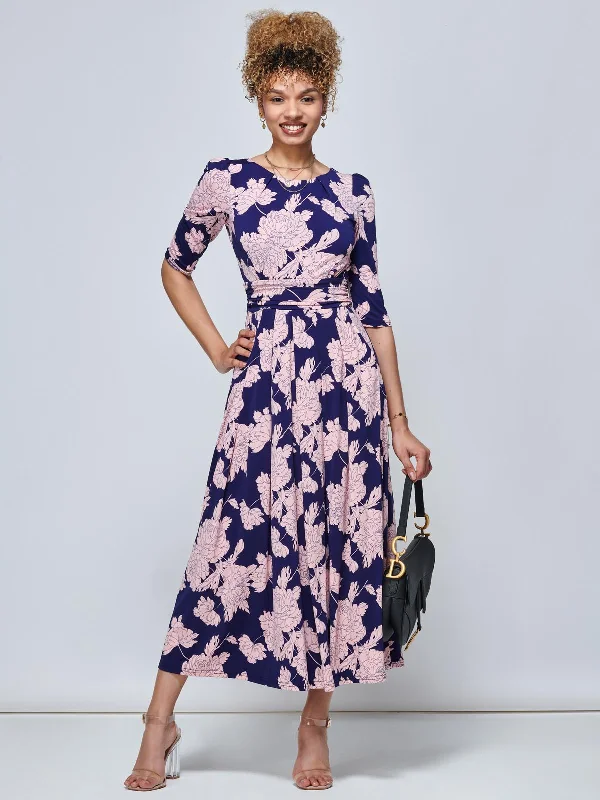 Karla 3/4 Sleeve Jersey Maxi Dress, Navy Floral Cozy Open-Back Maxi Dress