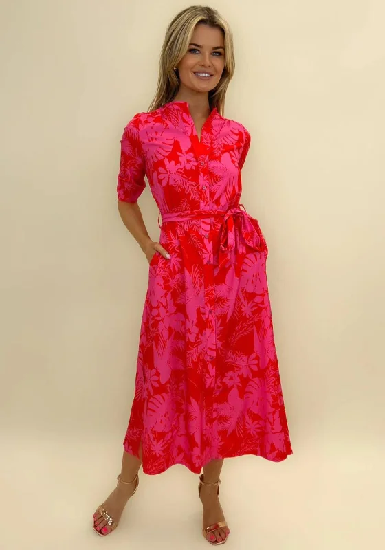 Kate & Pippa Capri Leaf Print Midi Dress, Flower Fuchsia Trendy Boho Midi Dress