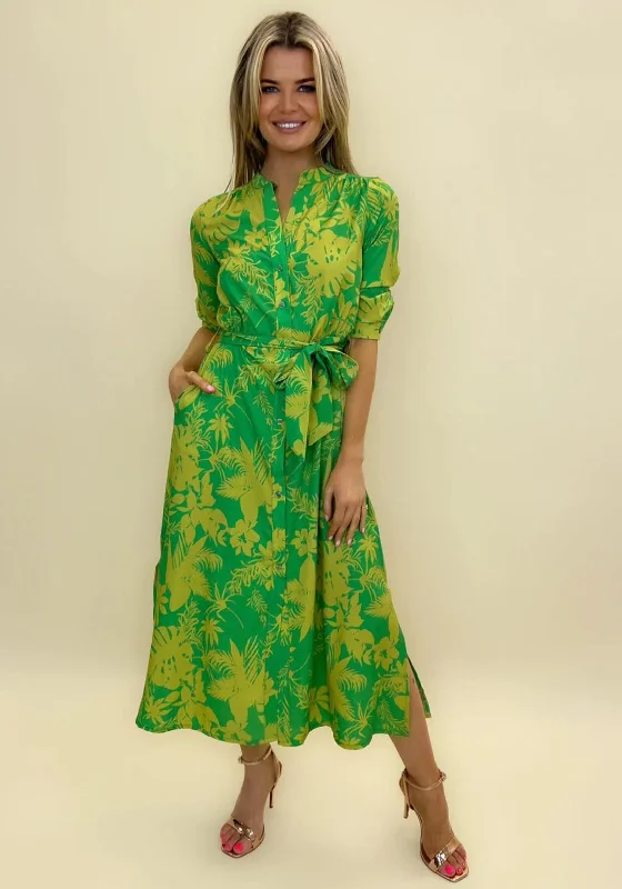 Kate & Pippa Capri Leaf Print Midi Dress, Flower Green Chic Floral Print Midi Dress