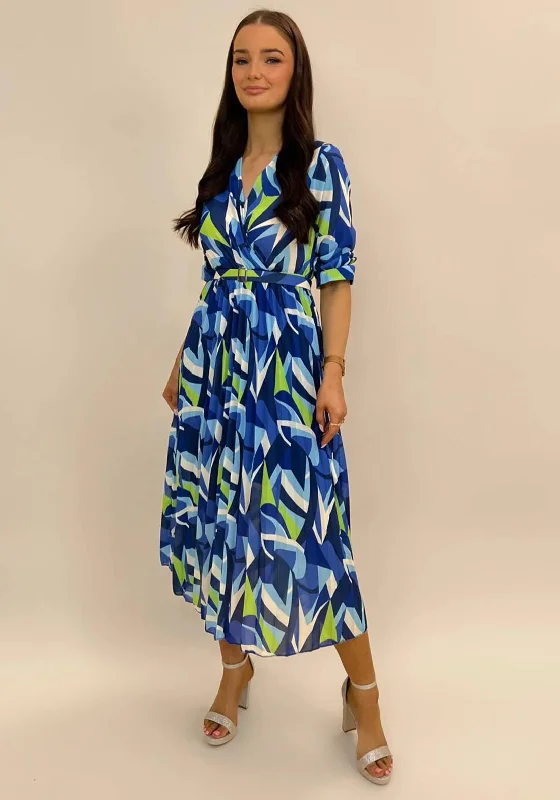 Kate & Pippa Positano Midi Dress, Blue & Lime Fashionable Pleated Midi Dress