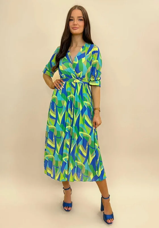 Kate & Pippa Positano Midi Dress, Green & Blue Elegant V-Neck Midi Dress