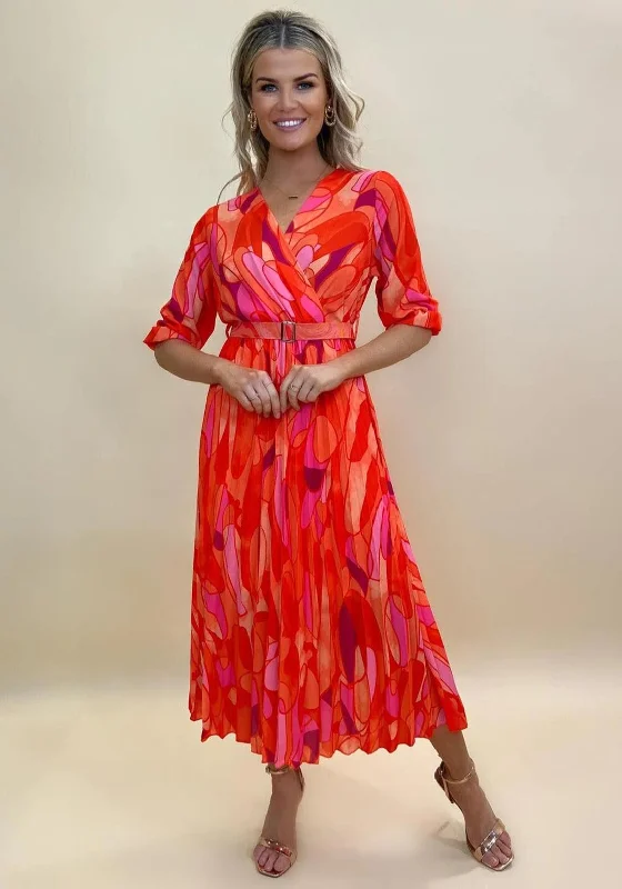 Kate & Pippa Positano Print Midi Dress, Orange & Pink Stylish Tiered Midi Dress