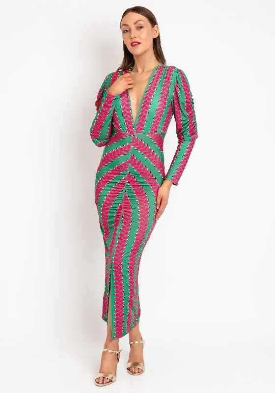 The Sofia Collection Printed Pencil Midi Dress, Green & Pink Comfortable Draped Midi Dress