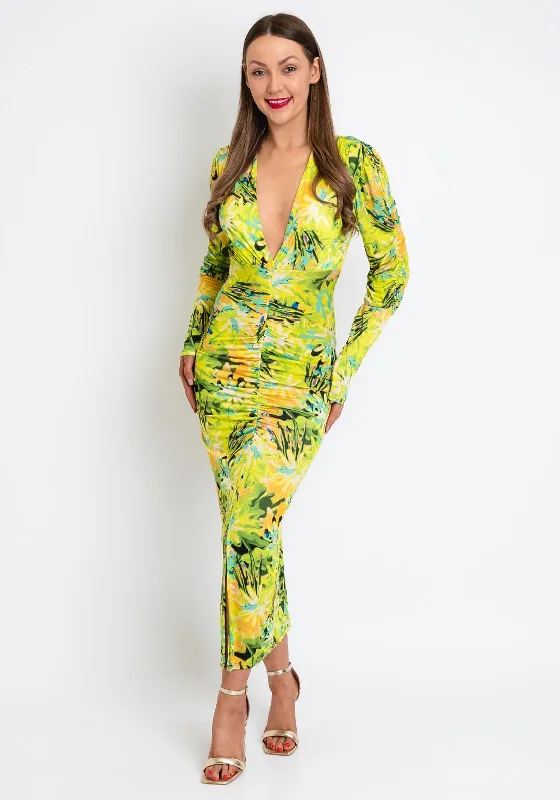 The Sofia Collection Printed Pencil Midi Dress, Yellow Multi Trendy A-Line Midi Dress