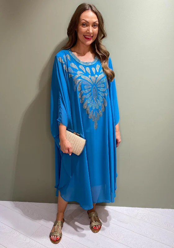 Serafina Collection Embellished design Kaftan Midi Dress, Turquoise Trendy Tiered Hem Midi Dress