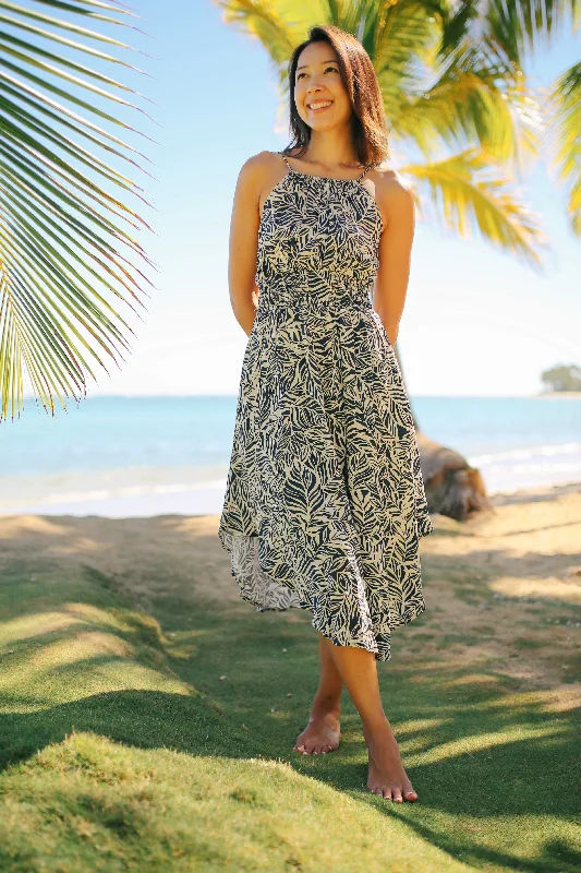 Leaf Print Halter Midi Dress Cozy Wide Strap Midi Dress
