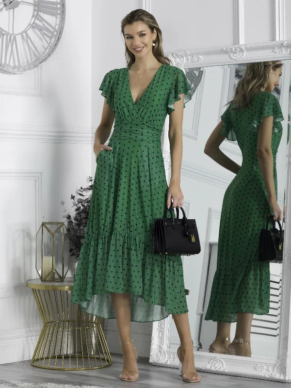 Leena Mesh Cap Sleeve Tiered Maxi Dress, Green Polka Stylish Long Sleeve Maxi Dress