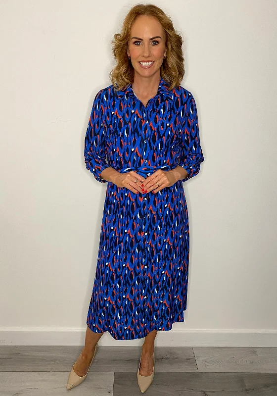 Lizabella Chiffon Print Shirt Midi Dress, Blue Multi Fashionable Off-Shoulder Dress Midi