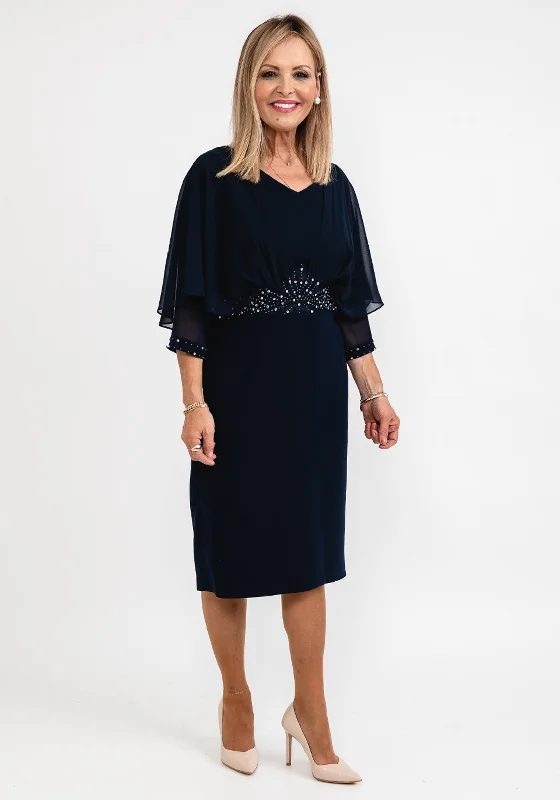 Lizabella Applique Waist Pencil Midi Dress, Navy Comfortable Stretch Midi Dress