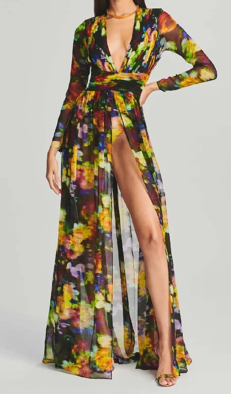 LONG SLEEVE CHIFFON MAXI DRESS IN MULTICOLOR Comfortable Bohemian Maxi Dress